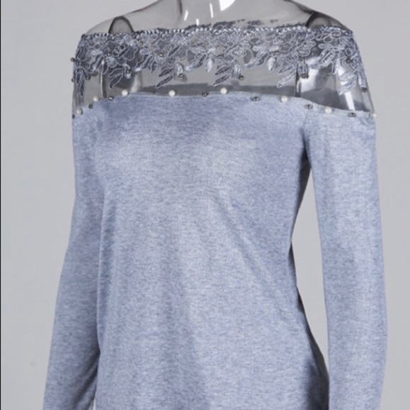 Gray off shoulder lace bead embellished blouse.  size:s - Picture 2 of 4